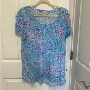 Lilly Pulitzer Aqua Blue Pink Floral Scoop Neck Short Sleeve Tee
